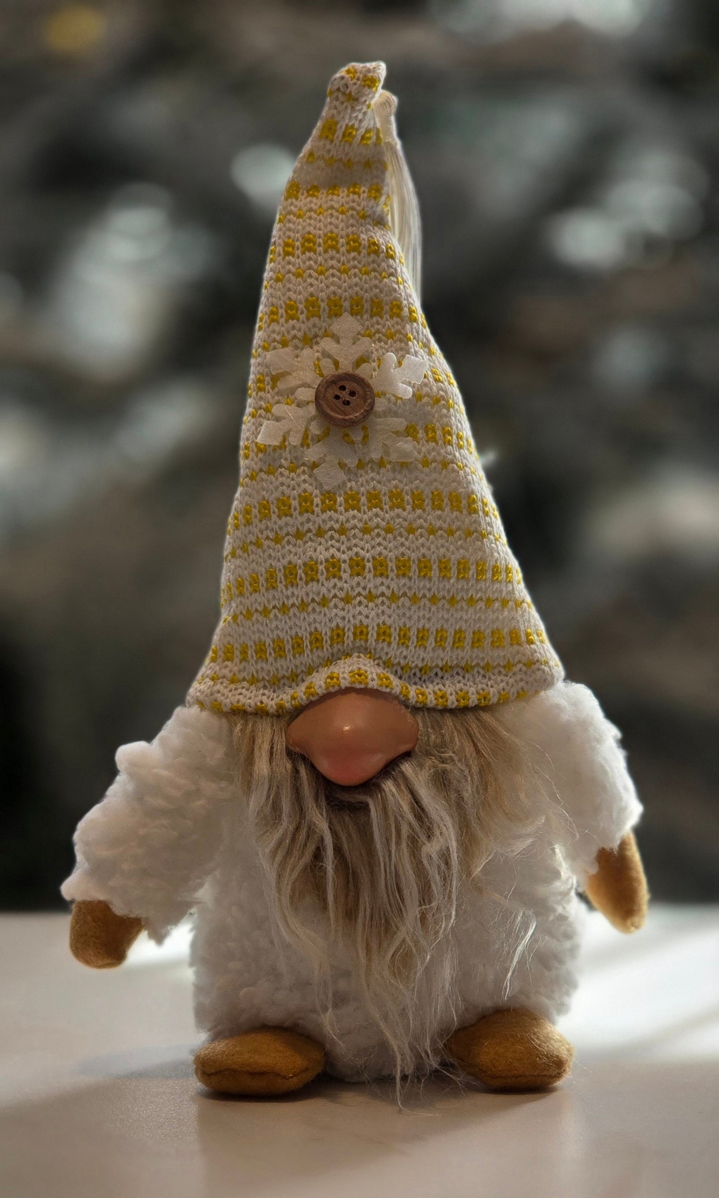 White Christmas Gnome with Yellow Striped Hat