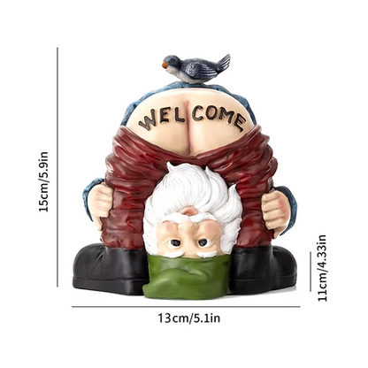 Welcome Gnome With Bird On Butt Garden Decoration Statue