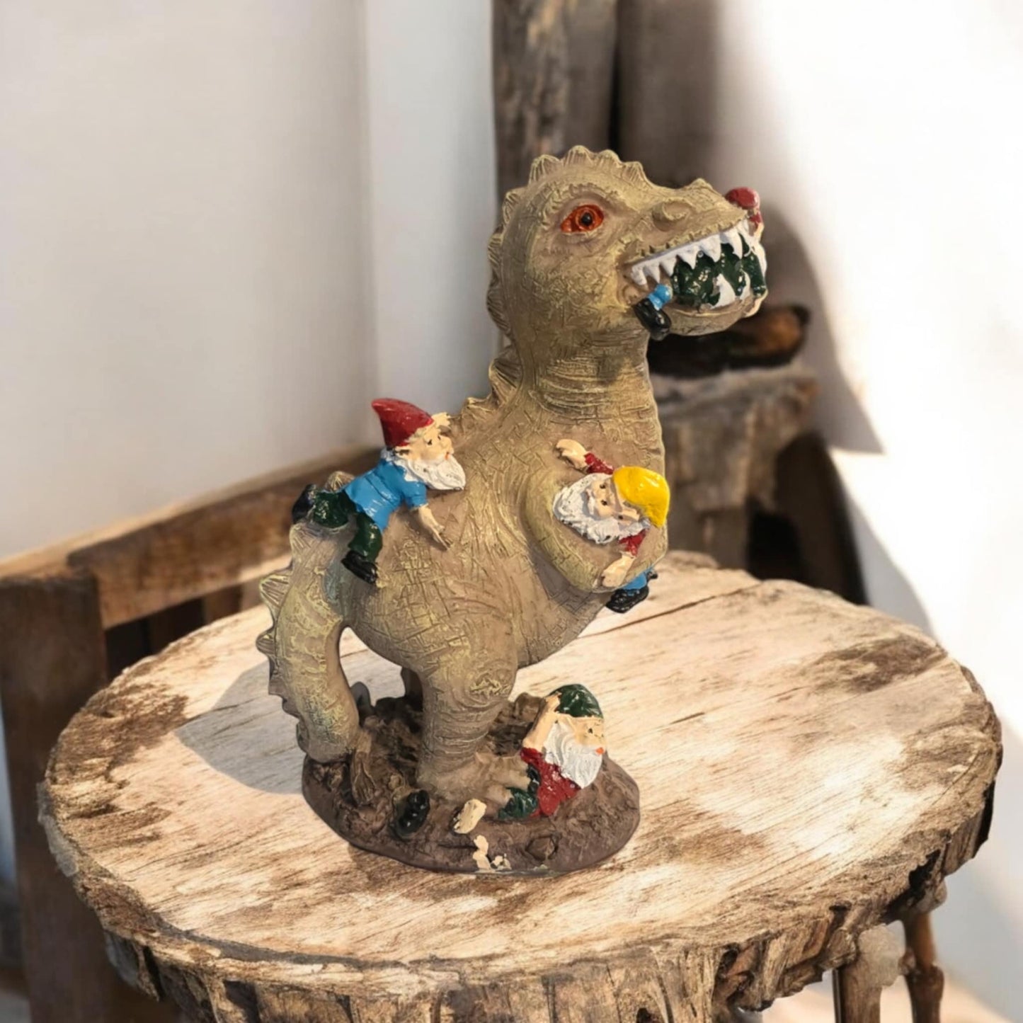 Dinosaur Eating Garden Gnomes Statue